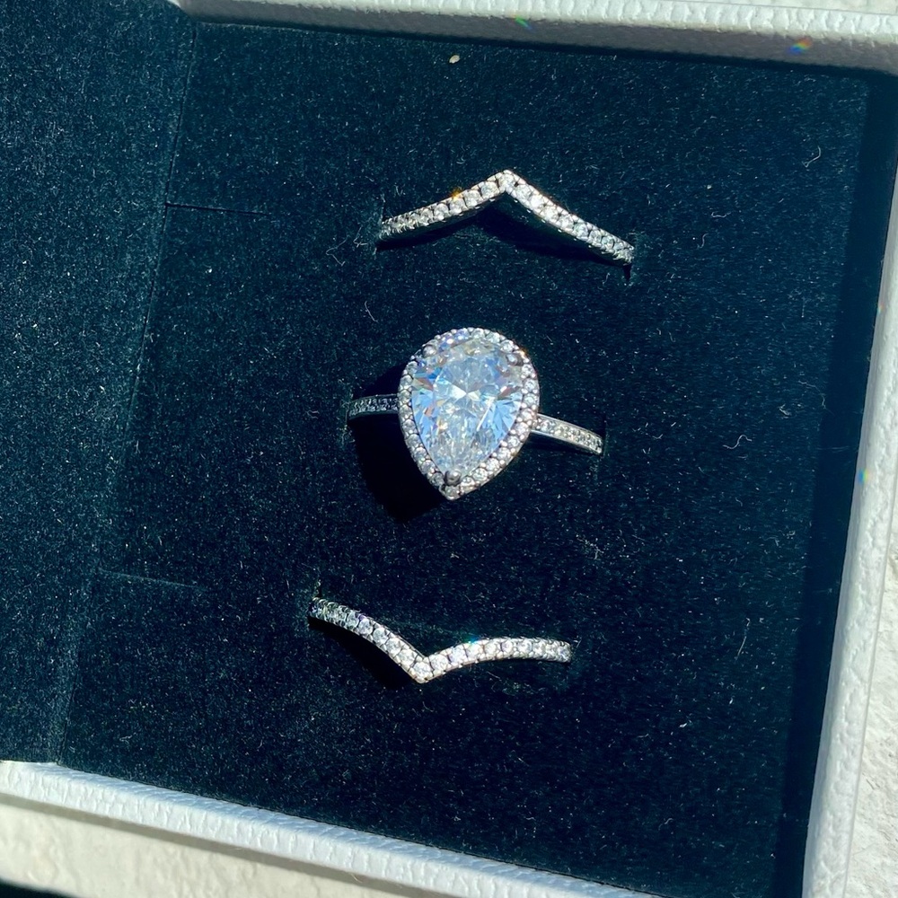 Pandora Sparkling Pear Halo Ring + 2 Sparkling Wishbone Rings- Size 8
